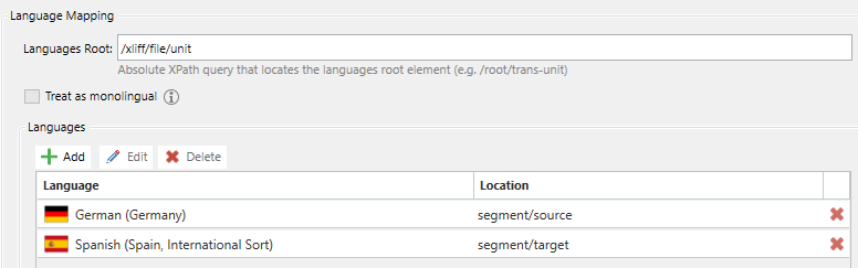 Trados Studio Language Mapping settings showing German (Germany) set as segmentsource and Spanish (Spain, International Sort) as segmenttarget with options to add, edit, or delete languages.