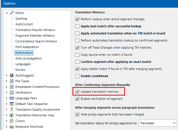 Trados Studio options menu with 'Update translation memory' checkbox ticked under 'After Confirming Segments Manually' section.