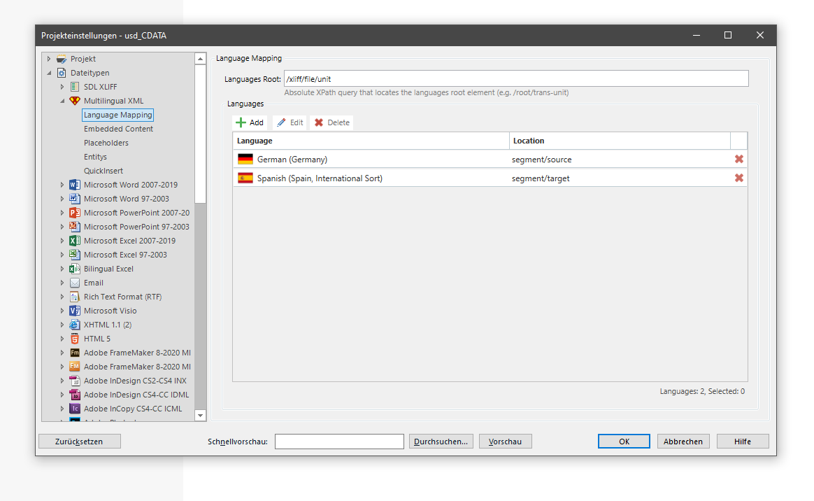 Trados Studio language mapping settings with error icons next to German and Spanish languages.
