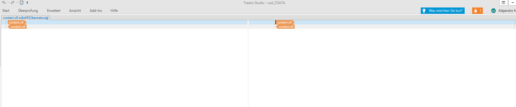 Trados Studio editor window showing two tabs with 'content.xlf' files open, no visible text or error messages in the editing area.