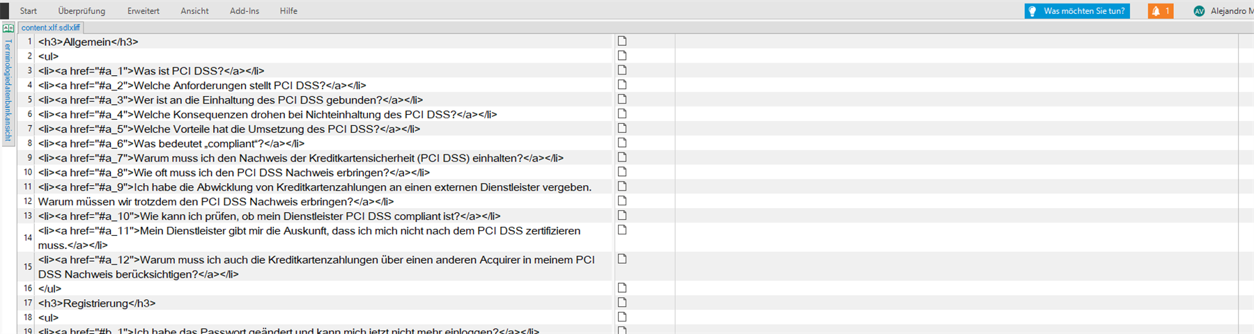 Screenshot of Trados Studio software showing a list of hyperlinked questions in German related to PCI DSS compliance within an HTML file.