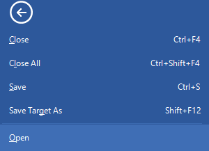 Screenshot of Trados Studio menu options showing Close, Close All, Save, and Save Target As with their respective keyboard shortcuts.