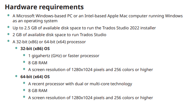 Screenshot of Trados Studio hardware requirements listing 8 GB RAM for both 32-bit and 64-bit operating systems.