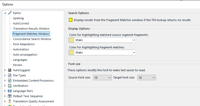 Fragment Matches Window options in Trados Studio with the display and highlighting options for fragment matches.