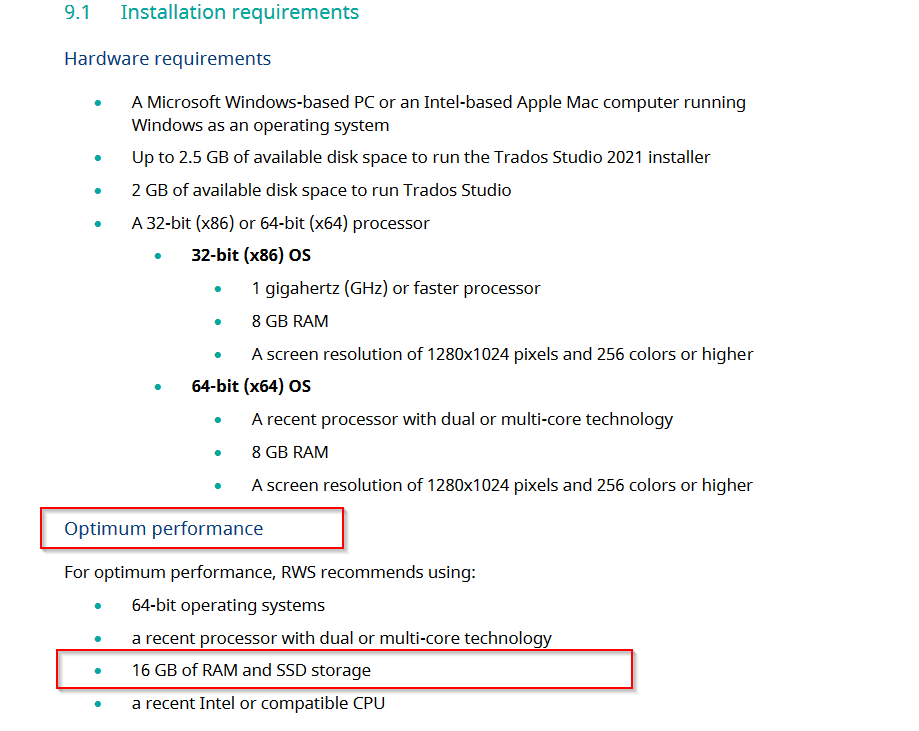 Screenshot of Trados Studio installation requirements highlighting optimum performance with 16 GB of RAM and SSD storage.