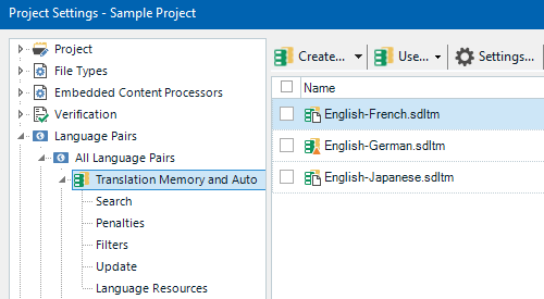 Trados Studio 'Project Settings' window displaying Translation Memory and Automated Translation options for different language pairs.