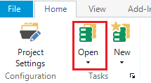 Trados Studio interface showing the 'Open' button highlighted in the 'Tasks' section.