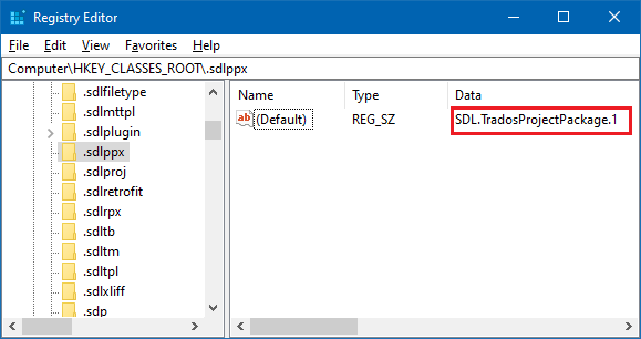 Registry Editor window showing HKEY_CLASSES_ROOT.sdlppx with Default value set to SDL.TradosProjectPackage.1