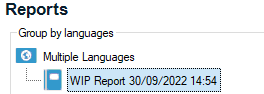 Trados Studio Reports view showing a WIP Report dated 30092022 at 14:54 under the 'Multiple Languages' group.