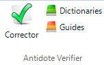 Screenshot showing Antidote plugin buttons in Trados Studio Review ribbon: Corrector, Dictionaries, Guides, and Antidote Verifier.