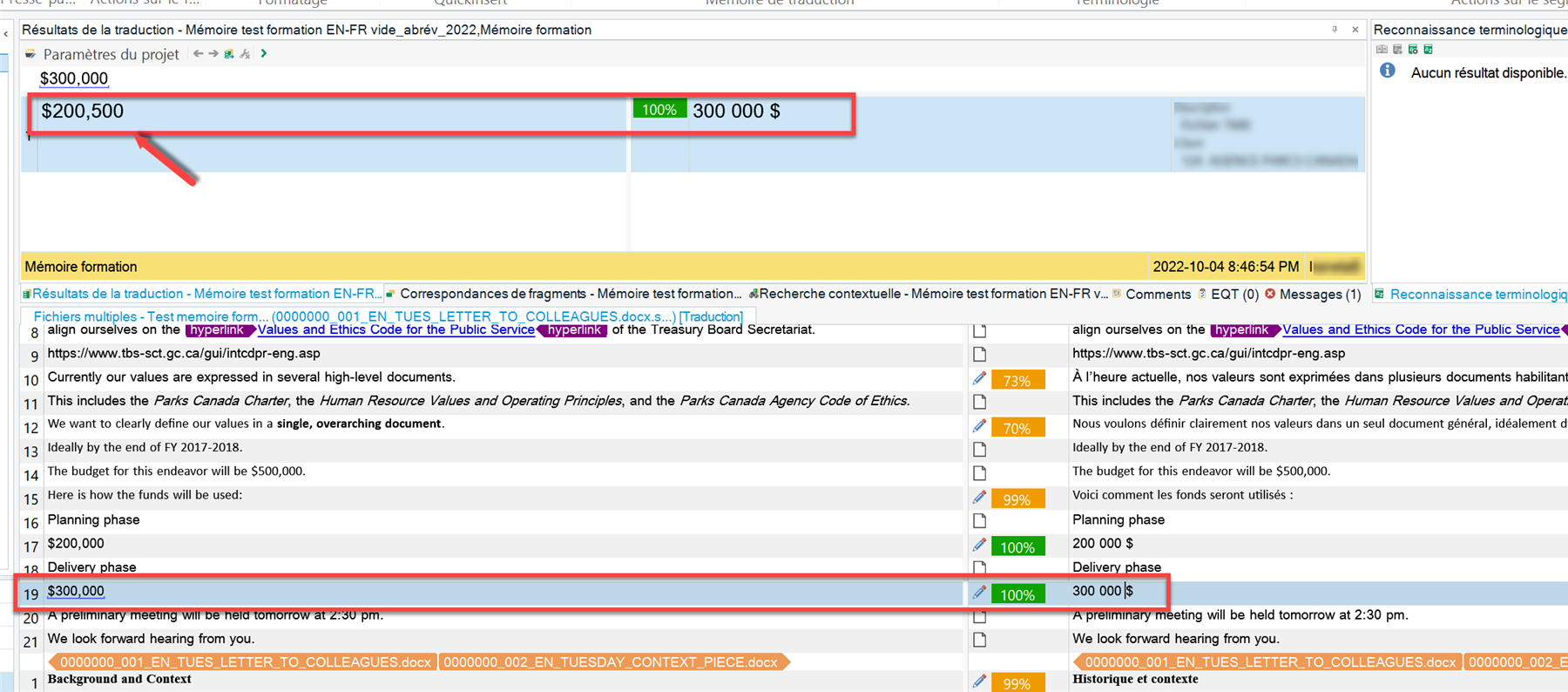 Screenshot of Trados Studio showing a segment with a 100% match for a number-only segment, '300,000 $', in the Translation Results window, but the source and target do not visually match.