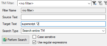 Trados Studio TM Filter dialog with 'no filter' selected, 'Target Text' field filled with 'superscript.2', and 'Use regular expressions' unchecked.