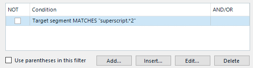 Trados Studio TM Filter dialog with 'Target segment MATCHES superscript+2' condition set, and 'Use regular expressions' unchecked.