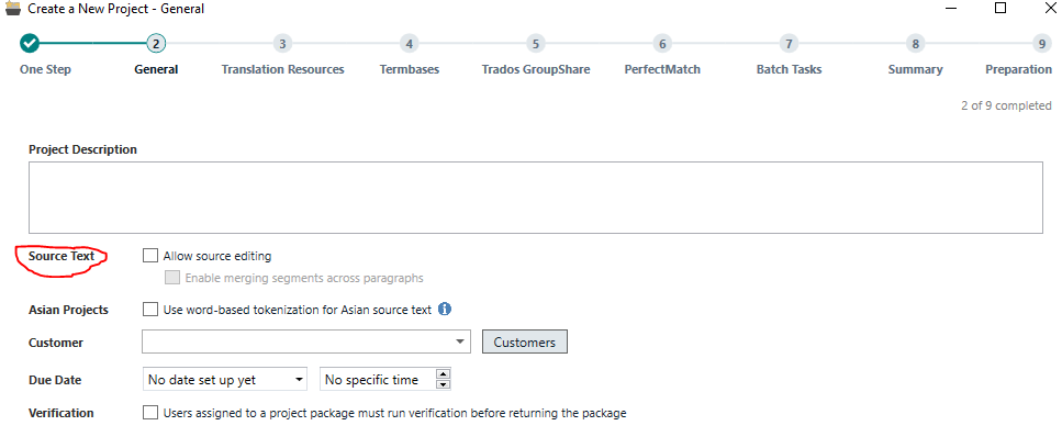 Trados Studio 'Create a New Project - General' tab with options for source text editing, merging segments, and tokenization for Asian projects.