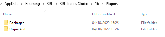 File Explorer window showing two folders within the Plugins directory of SDL Trados Studio 16. Folders named 'Packages' and 'Unpacked' with last modified dates of 04102022.