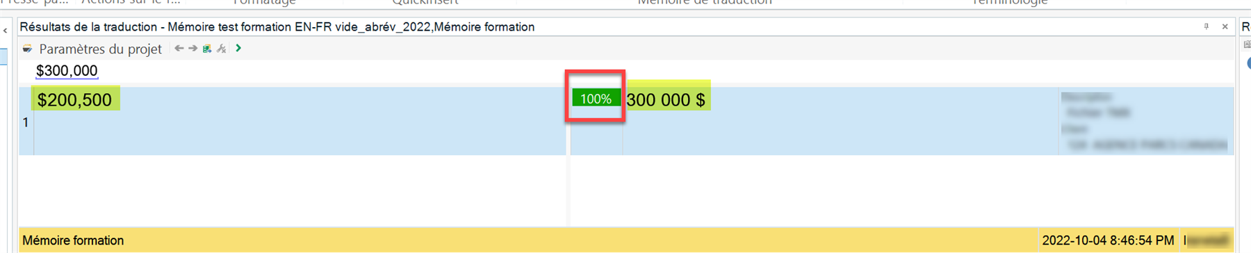 Trados Studio Translation Results window showing a 100% match score with mismatched source and target text. Source shows $300,000 and target shows $200,500 highlighted in yellow.