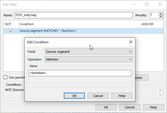 Edit filter dialog in Trados Studio with condition set to NOT match source segment with 'function' tag.