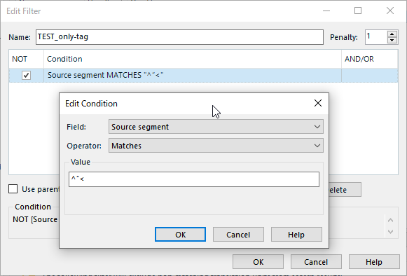 Edit filter dialog in Trados Studio with condition set to NOT match source segment with any character followed by 'function' tag.