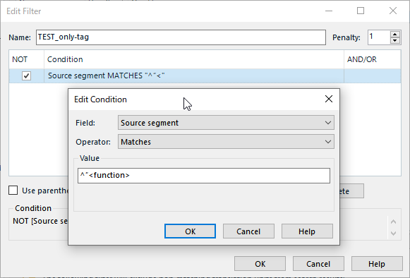 Edit filter dialog in Trados Studio with condition set to NOT match source segment with any character followed by 'function' tag, but the condition is not working.