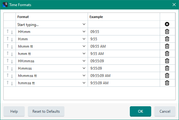 Trados Studio Time Formats settings window showing various time format options with examples, such as 'HH:mm' displaying '09:55' and 'h:mm tt' displaying '9:55 AM'.