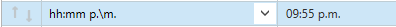 Close-up of Trados Studio time format input field with 'hh:mm p.m.' entered, displaying the example output '09:55 p.m.'.