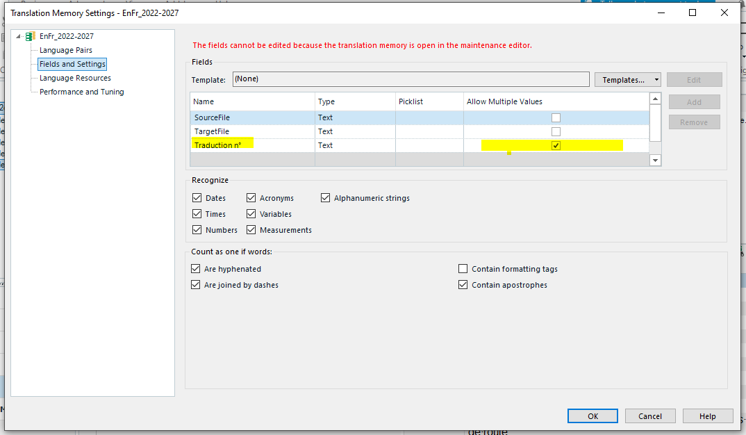 Screenshot of Trados Studio Translation Memory Settings for a new TM with the same error message. The 'Traduction n ' field is highlighted and has the 'Allow Multiple Values' option checked.