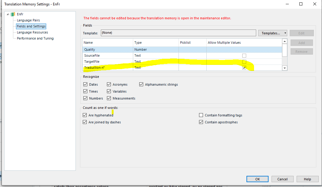 Screenshot of Trados Studio Translation Memory Settings showing an error message that fields cannot be edited because the TM is open in the maintenance editor. The 'Traduction n ' field is highlighted.