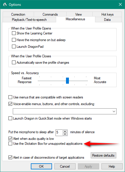 Screenshot of Dragon Options menu with 'Use the Dictation Box for unsupported applications' checked and a red arrow pointing to it.