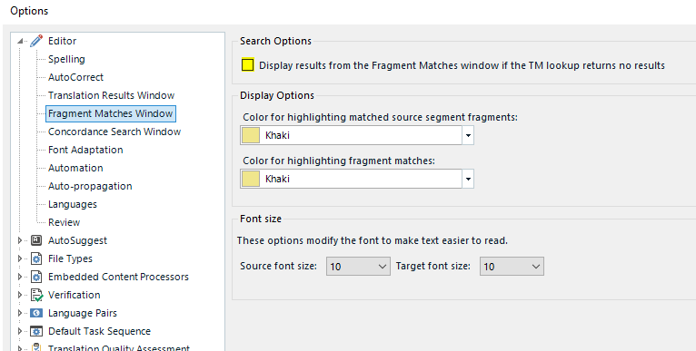 Trados Studio options menu with 'Fragment Matching' settings, showing the option to display results from the Fragment Matches window is unticked.