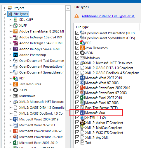 Trados Studio Project Settings window showing File Types list. Visio file type is unchecked under Additional installed File Types.