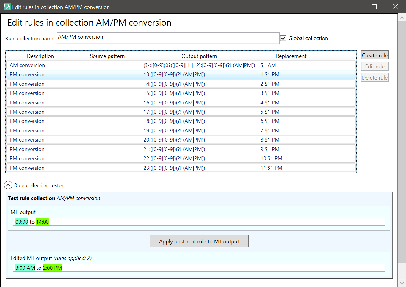 Screenshot of Trados Studio showing the AMPM conversion rules in the TermInjectorPlus plugin. The rules list conversions for each hour from 1 PM to 11 PM. Below, a rule collection tester shows the original MT output and the edited MT output with applied rules.