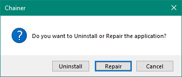 Dialog box asking 'Do you want to Uninstall or Repair the application?' with options for Uninstall, Repair, and Cancel.