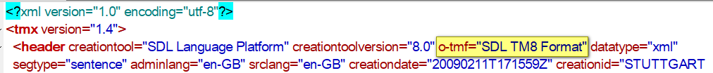 Screenshot of an XML code snippet with 'o-tmf' attribute highlighted in yellow, indicating it should be deleted for Trados Studio TMX file import.
