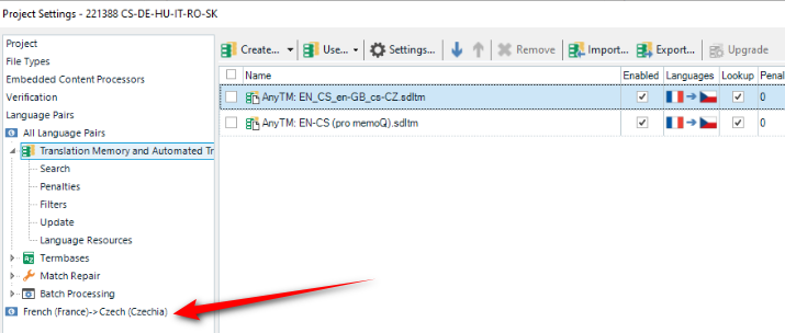 Trados Studio project settings window showing Language Pairs section with French to Czech selected and AnyTM translation memory added.