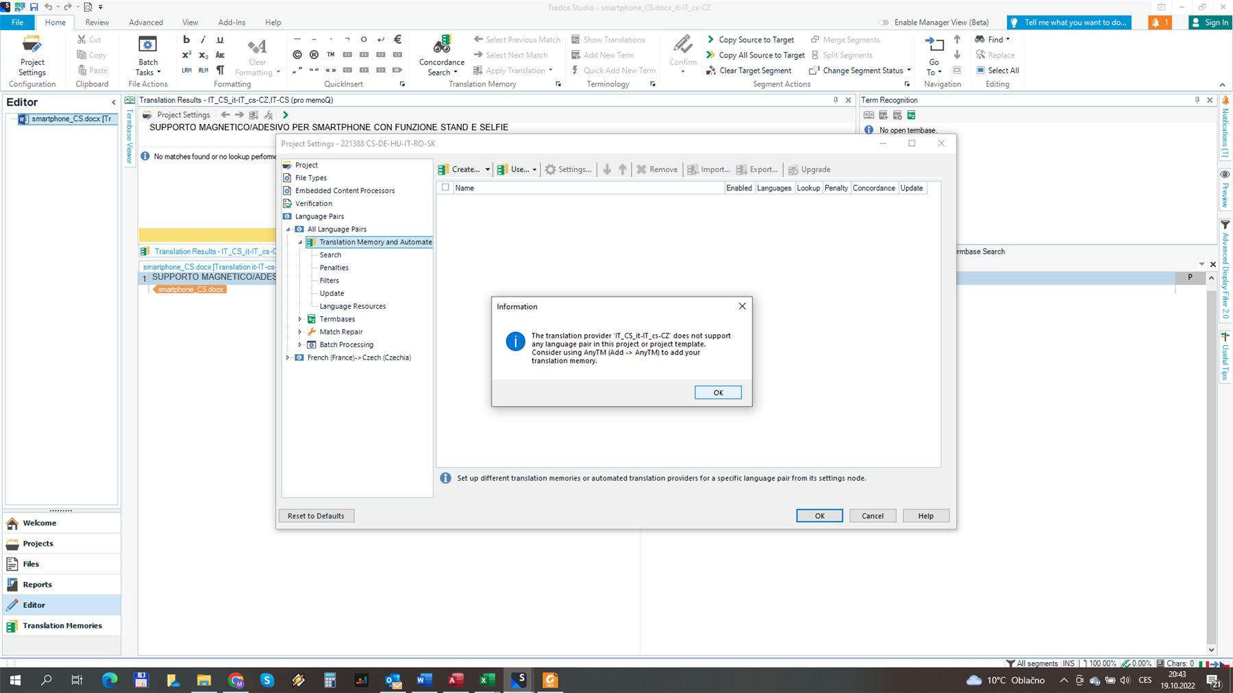 Information pop-up in Trados Studio stating the translation provider does not support any language pair in the project or template.