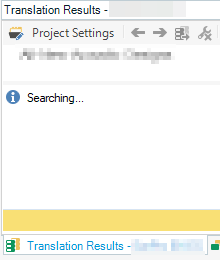 Trados Studio Translation Results window with a message displaying 'Searching...' indicating a delay or inability to retrieve translation results.