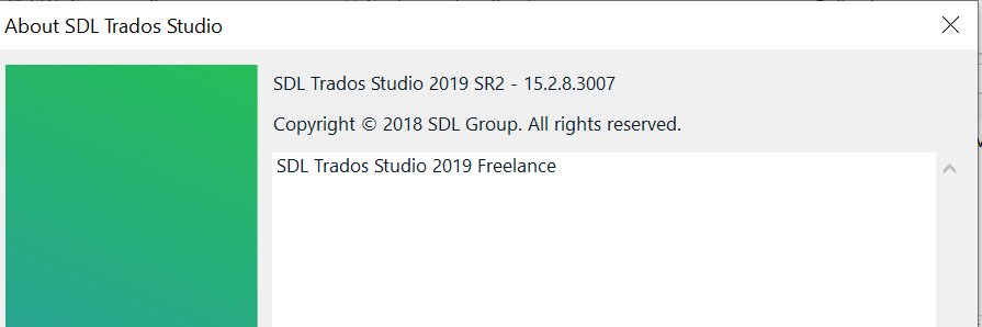 Screenshot of 'About SDL Trados Studio' window showing version number 2019 SR2 - 15.2.8.3007 and copyright information.