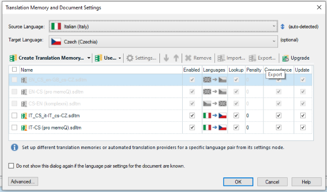 Trados Studio Translation Memory and Document Settings window showing source language as Italian and target language as Czech with multiple translation memories listed.