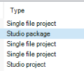 List of project types in Trados Studio with a mix of 'Single file project' and 'Studio project' entries.