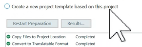 Option to 'Create a new project template based on this project' in Trados Studio with a cursor arrow pointing at it.