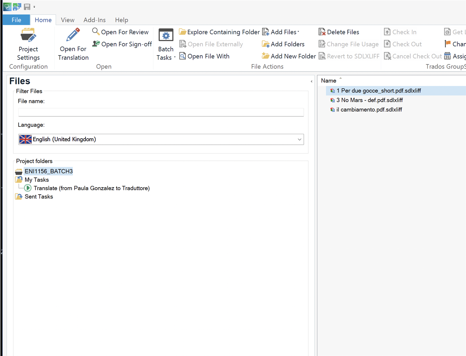 Trados Studio screenshot showing the 'Files' view with a file search engine. The 'File name' field is empty and the 'Language' is set to English (United Kingdom). Project folders are listed on the left, with 'EN1156_BATCH3', 'My Tasks', 'Translate (from Paula Gonzalez to Traduttore)', and 'Sent Tasks' visible. On the right, three files are listed: '1 Per due gocce_short.pdf.sdlxliff', '3 No Mars - def.pdf.sdlxliff', and 'il cambiamento.pdf.sdlxliff'. No file named 'lab50' is visible.