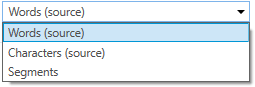 Close-up screenshot of a dropdown menu in Trados Studio with options for Words (source), Characters (source), and Segments.