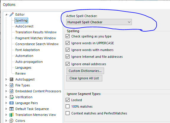 Trados Studio options menu with 'Active Spell Checker: Hunspell Spell Checker' selected in the Spelling section.