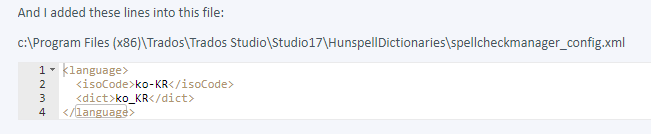 Text editor showing added lines for Korean language in spellcheckmanager_config.xml file within Trados Studio directory.