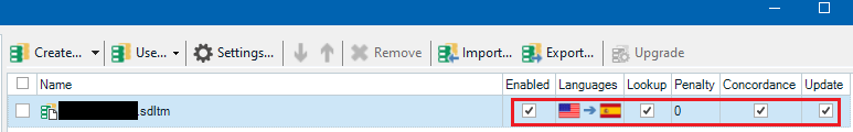 Trados Studio Project Settings showing a list with 'sdlm' file, checkboxes for Enabled, Languages, Lookup, Penalty, Concordance, and Update are ticked.