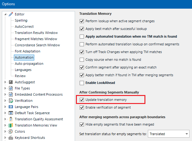 Trados Studio Options menu under Editor > Automation, with 'Update translation memory' checkbox ticked in the 'After Confirming Segments Manually' section.