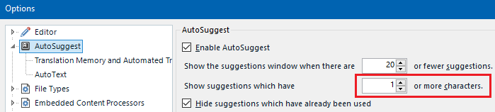 Trados Studio Options dialog showing AutoSuggest settings with 'Enable AutoSuggest' checked, and 'Show suggestions which have 1 or more characters' highlighted with a red box indicating a potential error or warning.