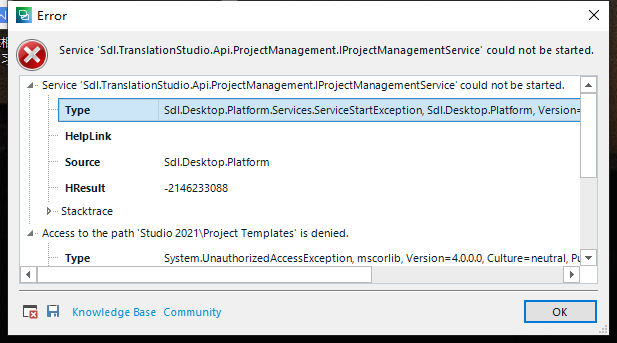 Detailed error message with type 'Sdl.Desktop.Platform.Services.ServiceStartException' and message 'Access to the path Studio 2021 Project Templates is denied'.