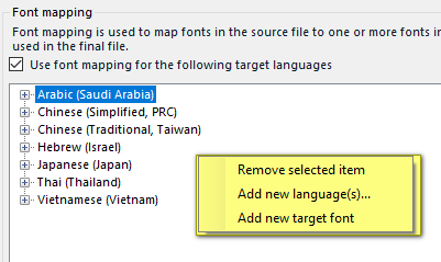 Trados Studio font mapping settings with a right-click context menu open showing options: Remove selected item, Add new language(s), Add new target font.