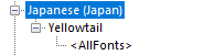 Trados Studio font mapping interface showing Japanese (Japan) language mapped to Yellowtail font with all source fonts selected.